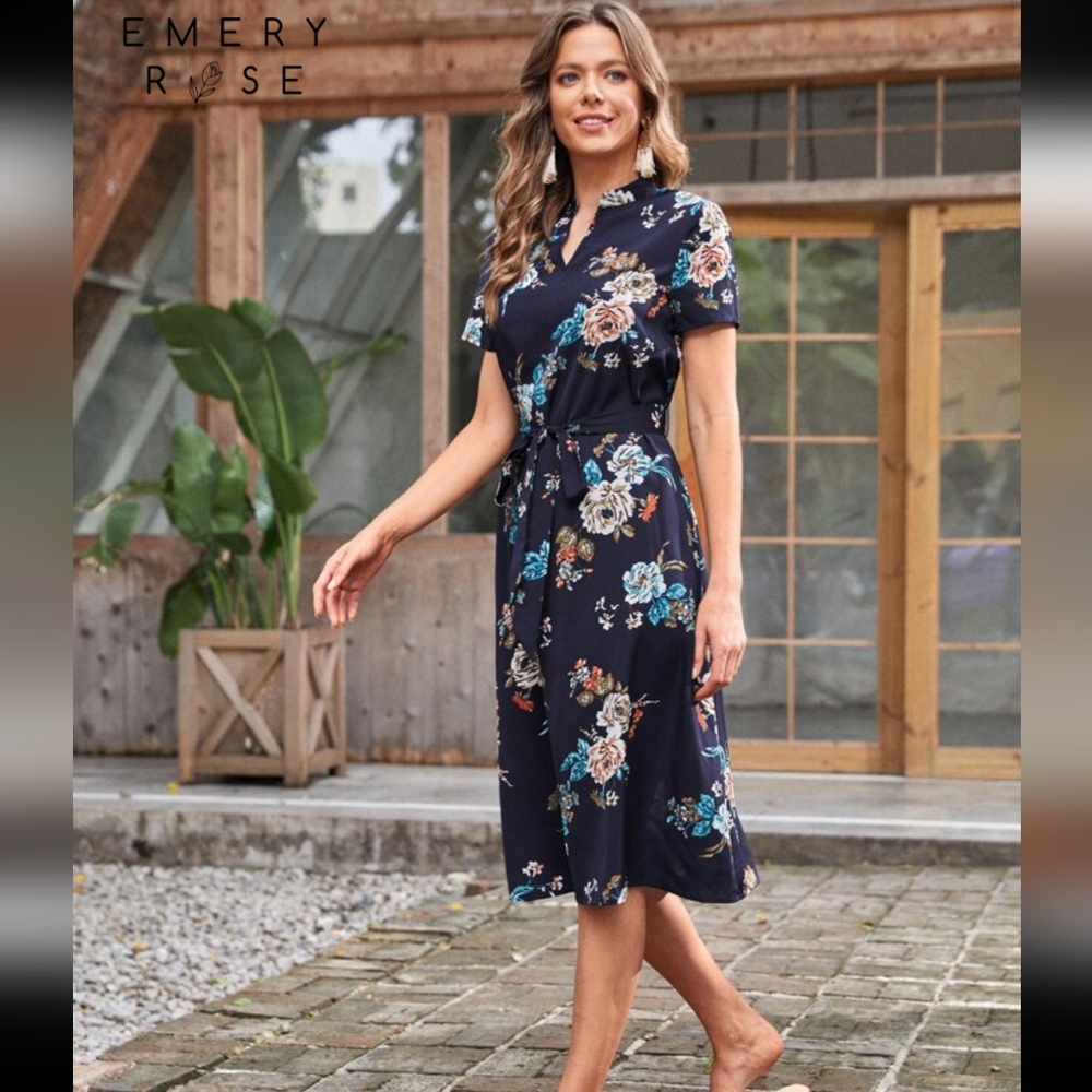 EMERY ROSE Floral Print Notched Neck Belted Dress Size 2XL